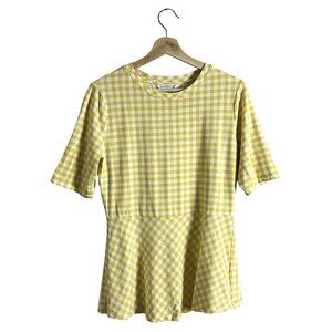 Isaac Mizrahi Live! Peplum Top XS Gingham Plaid Elbow Sleeve Skirted Drop Waist